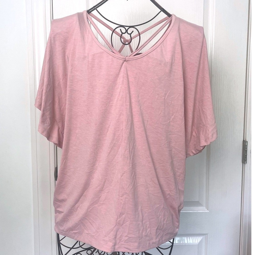 Umgee Pink Short Sleeve Criss Cross Strappy Neck Top Small Oversized Girly Boho